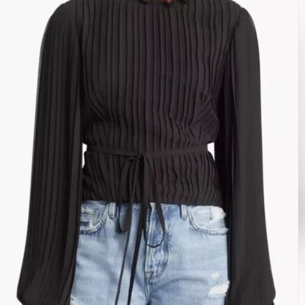 FRAME pleated waist tie silk blouse in noir Medium